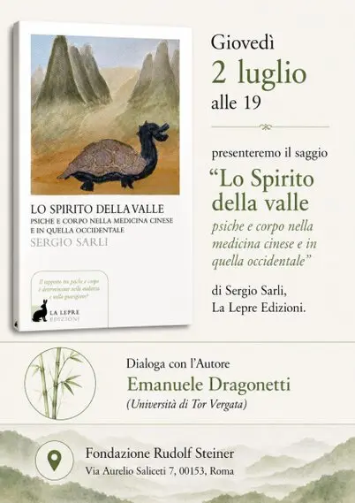 Locandina della presentazione del saggio Lo Spirito della Valle, di Sergio Sarli, La Lepre Edizioni che si terrà  a Roma giovedi 2 luglio alle ore 19:00